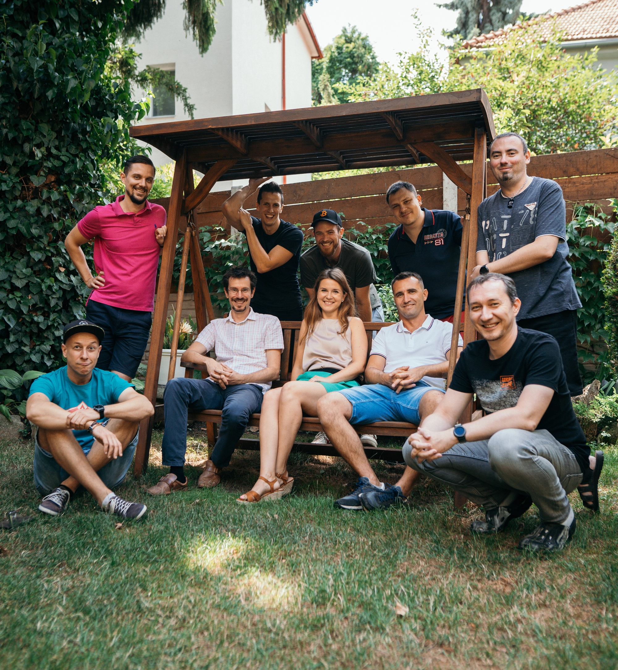 The FatChilli team hanging out in a backyard.
